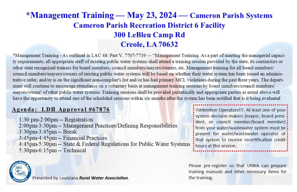 Cameron Parish Management Training, Creole, LA 05/23/24 LRWA